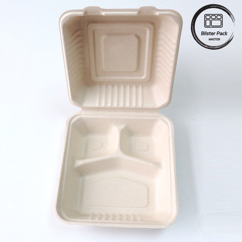 Blister Eco Kompostable Clamshell 3 Bölüm Tek kullanımlık öğle yemeği kutusu Şeker kamışı bagajı