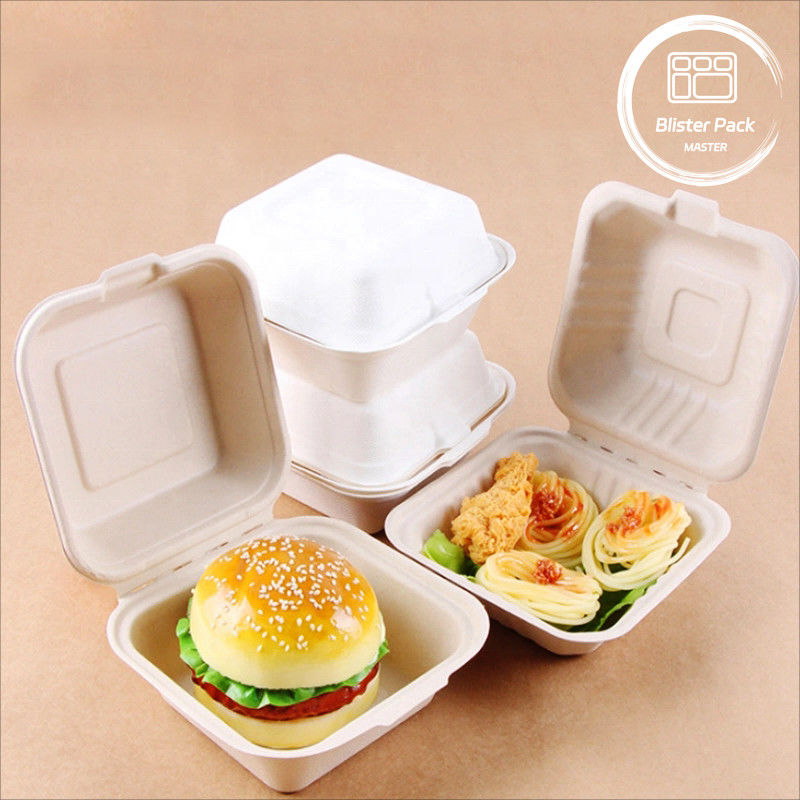 Blister Eco Kompostable Clamshell 3 Bölüm Tek kullanımlık öğle yemeği kutusu Şeker kamışı bagajı