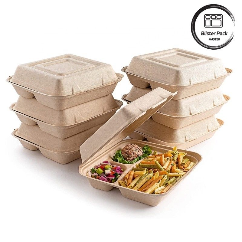 Blister Eco Kompostable Clamshell 3 Bölüm Tek kullanımlık öğle yemeği kutusu Şeker kamışı bagajı