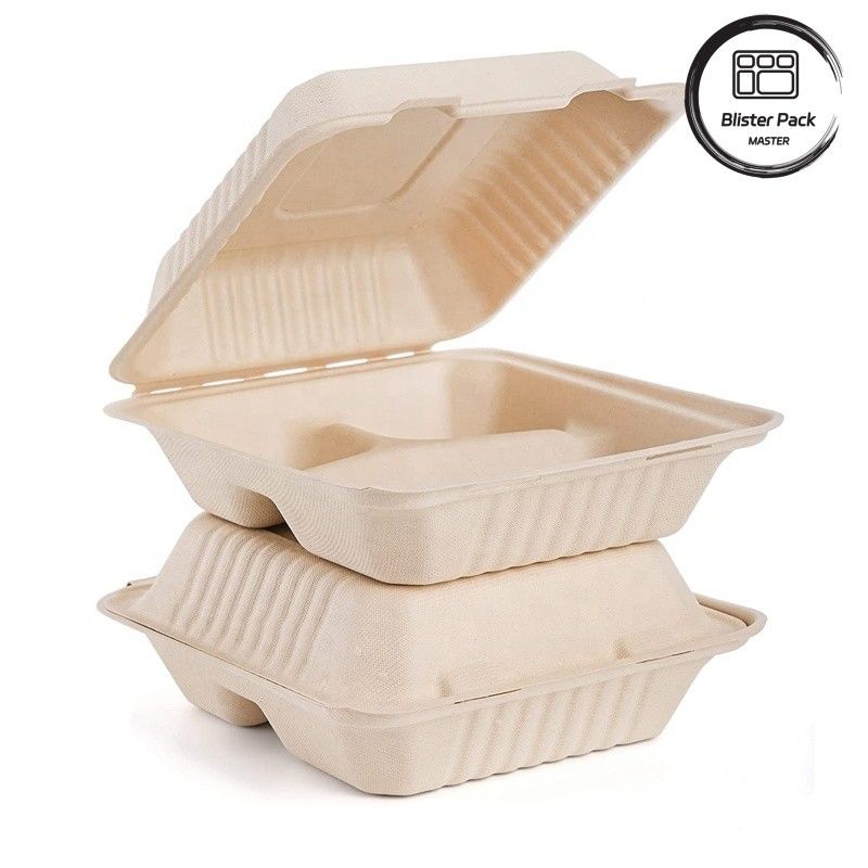 Blister Eco Kompostable Clamshell 3 Bölüm Tek kullanımlık öğle yemeği kutusu Şeker kamışı bagajı