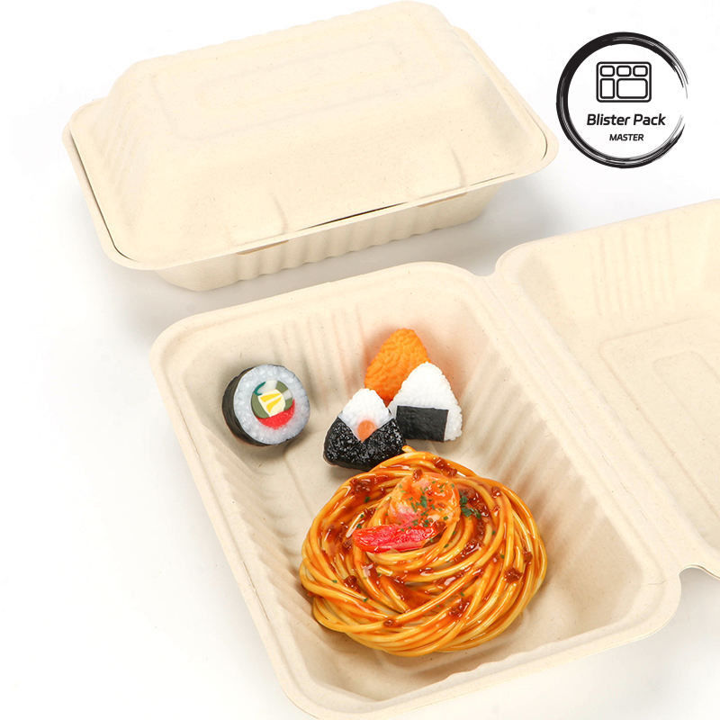 9 inç şeker kamışı bagasse Clamshell öğle yemeği kutusu Burger ve fırın için tek kullanımlık ve biyolojik olarak parçalanabilir gıda konteyneri