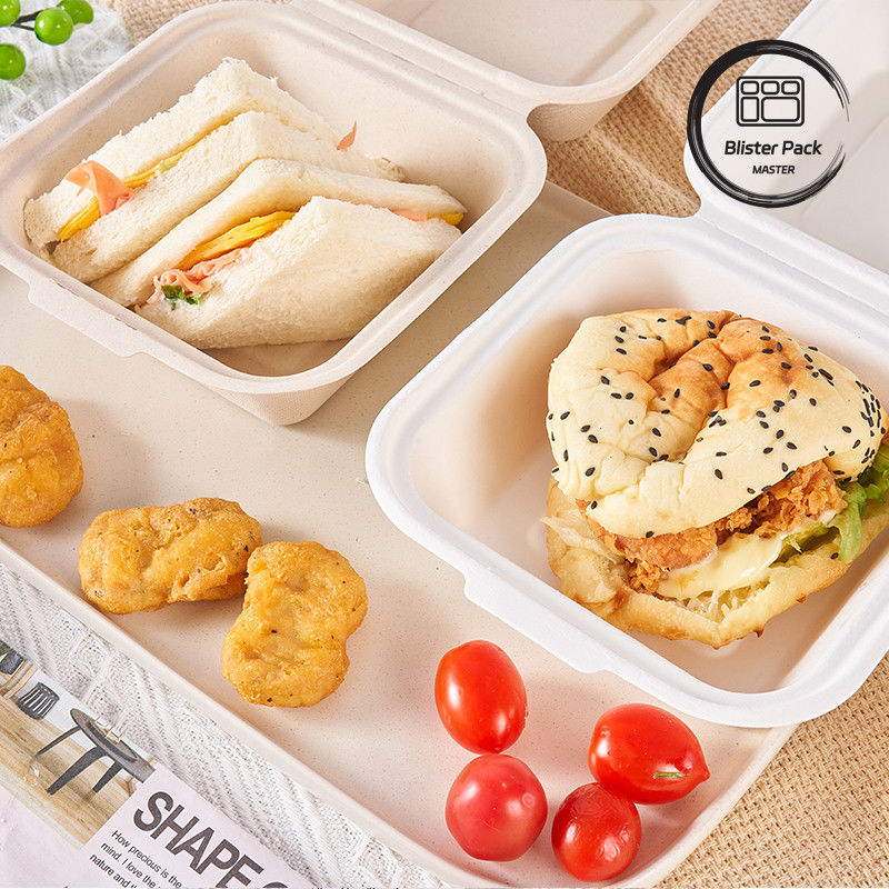 9 inç şeker kamışı bagasse Clamshell öğle yemeği kutusu Burger ve fırın için tek kullanımlık ve biyolojik olarak parçalanabilir gıda konteyneri